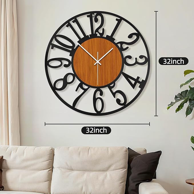Maxstar Large Round Wall Clock for Living Room Decor Battery Operated Non Ticking Black Metal Wood Clocks for Home Living Room Garden Office Kitchen Decoration -32 inch