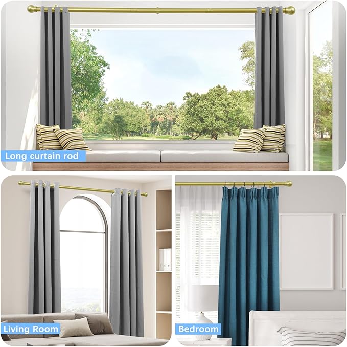 Curtain Rods for Windows 16 to 92 Inches, Curtain Rod Max Adjustable Length of 104 IN, 1" Diameter Drapery Rods Round Finials, Warm Gold, Pack of 2