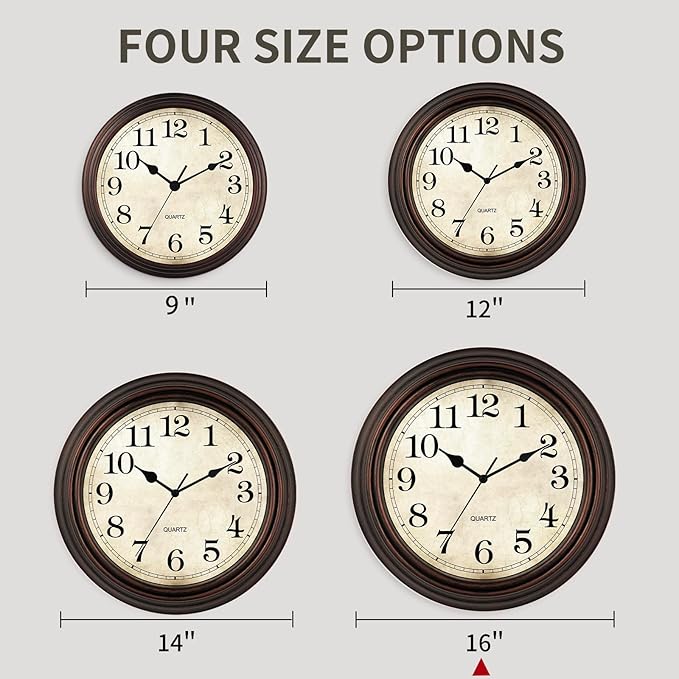 HYLANDA Wall Clock, Bronze Silent Non Ticking Classic Battery Operated Clocks, Decorative for Living Room, Bedrooms, Kitchen, Office (16 inch)