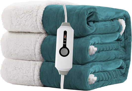Electric Heated Blanket Twin Size 62"x84" - Dual-Sided with Microplush & Sherpa Fabric, 4 Heat Settings & 10 Hours Auto Off, Machine Washable - Teal Green