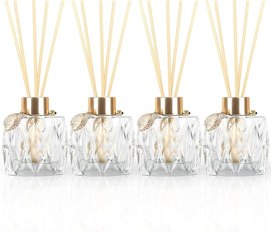 4Pcs Reed Diffuser Set with Metal Golden Decoration, 3.5oz Empty Reed Diffuser Bottles with 20Pcs Reed Diffuser Sticks, Unique Design Bottles for Home and Office(Prismatic)