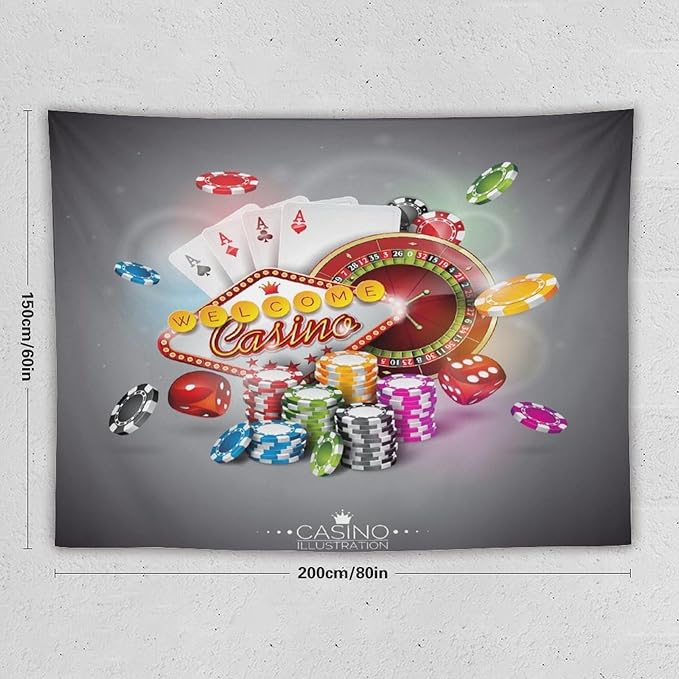 Poker Tournament Tapestry Wall Hanging Casino Colorful Chips And Cards Dice And Roulette Tapestries Home Decor for Living Room Bedroom Farmhouse Apartment Dorm 60"x80"