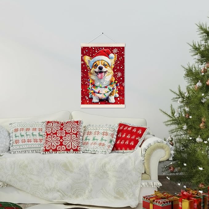Funny Christmas Corgi Poster Hanger with Wood Frame, Christmas Dog Wall Art Decor for Home, Corgi Gifts for Women Men, Winter Xmas Dog Posters for Bedroom Living Room Decor, 12x16 Inch