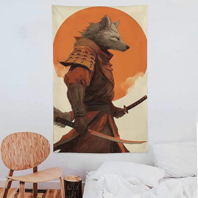 JYOUQOC Wolf Samurai Tapestry Large Wall Art Decor Wall Hanging Flag Backdrop for Living Room Dorm Office Bedroom 60"×90"