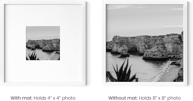 HAUS AND HUES 8x8 White Aluminum Frame Set of 6 - Matted to 4x4, Shatterproof Plexiglass (8x8 in, White)
