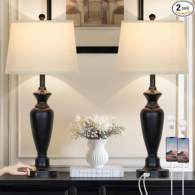 30" Tall Table Lamps Set of 2, Touch Control Bedside Lamp with USB A+C Ports and AC Outlet, 3-Way Dimmable Modern Metal Nightstand Lamp for Bedroom Living Room, 2 LED Bulbs Included, Black