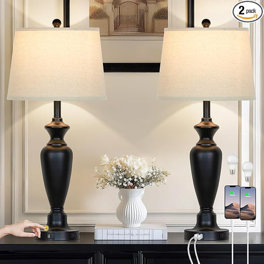 30" Tall Table Lamps Set of 2, Touch Control Bedside Lamp with USB A+C Ports and AC Outlet, 3-Way Dimmable Modern Metal Nightstand Lamp for Bedroom Living Room, 2 LED Bulbs Included, Black