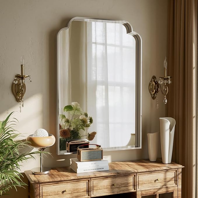 GLSLAND 24"x36" Silver Petal Arch Bathroom Mirror Wall Mounted Vanity Scalloped Mirror for Over Sink Modern Decorative Arched Wall Mirror - for Bedroom Living Room Entryway