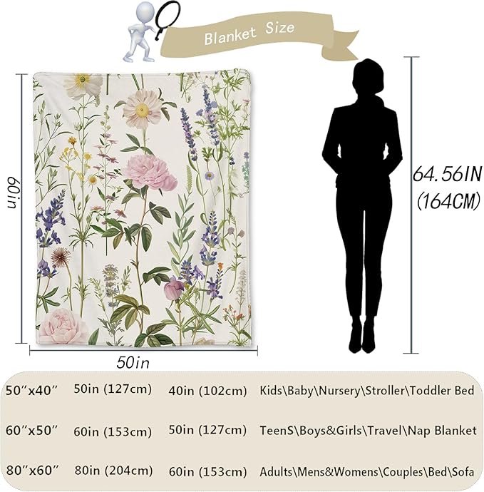 Floral Blanket - Soft, Cozy, Lightweight Flannel Throw Blankets for Couch, Bed, and Travel - Fuzzy, Fluffy Decor Perfect for Outdoor Use and Home Decor, Beautiful Flower Design 50×40 in