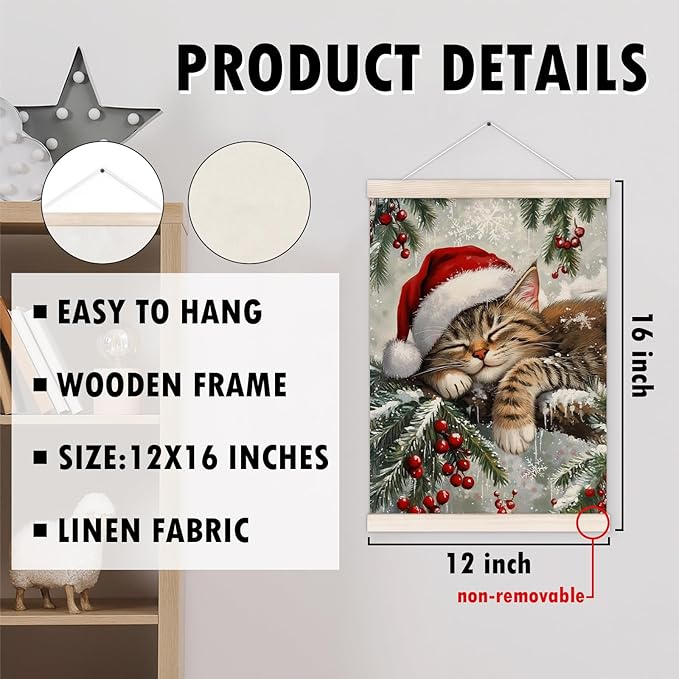 Christmas Cat Poster Hanger with Wood Frame, Winter Christmas Tabby Cat Wall Art Decor for Home, Rustic Winter Farmhouse Xmas Kitty Posters for Bedroom Living Room Decor, 12x16 Inch