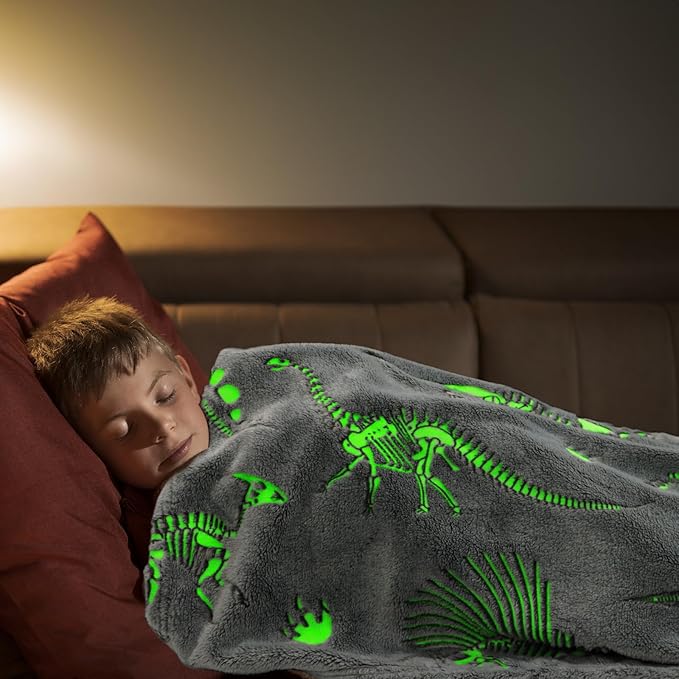 Glow in The Dark Blanket Dinosaur Blanket for Boys Kids Soft Cute Dino Blankets Christmas Toys Gifts Gray Glowing Dinosaur Blankets for Bed 90x108 inch