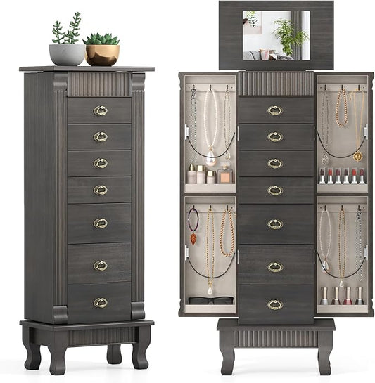 Giantex Standing Jewelry Cabinet with 7 Drawers, Flip-Top Mirror, 2 Side Doors with 12 Necklace Hooks, Divided Ring Compartments, Velvet-Lined Jewelry Armoire Organizer Chest (Weathered Gray)