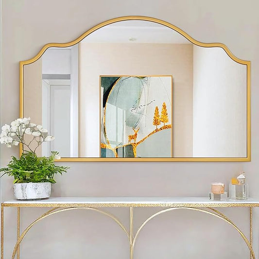 Chende Gold Mirrors for Wall Decor, 59''x36'' Large Arched Mirror with Wooden Frame, Modern Scalloped Mirror for Living Room, Dining Room, Bedroom, Hallway, Fireplace