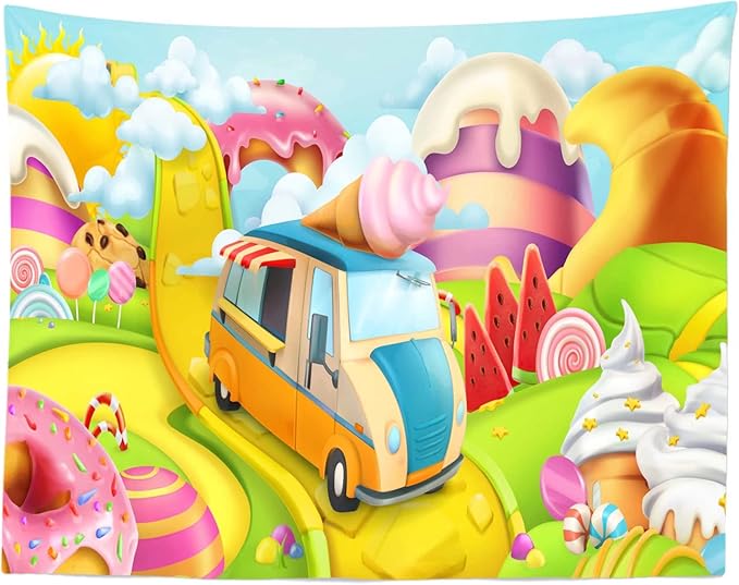 CORFOTO Candyland Wall Tapestry Sweet Cand Wall Hanging Candy Castle Tapestries for Childrens Room Decorations Kids Bedroom Dorm Decor Window Curtain 92Wx70H inches Fabric