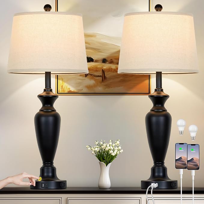 30" Tall Table Lamps Set of 2, Touch Control Bedside Lamp with USB A+C Ports and AC Outlet, 3-Way Dimmable Modern Metal Nightstand Lamp for Bedroom Living Room, 2 LED Bulbs Included, Black