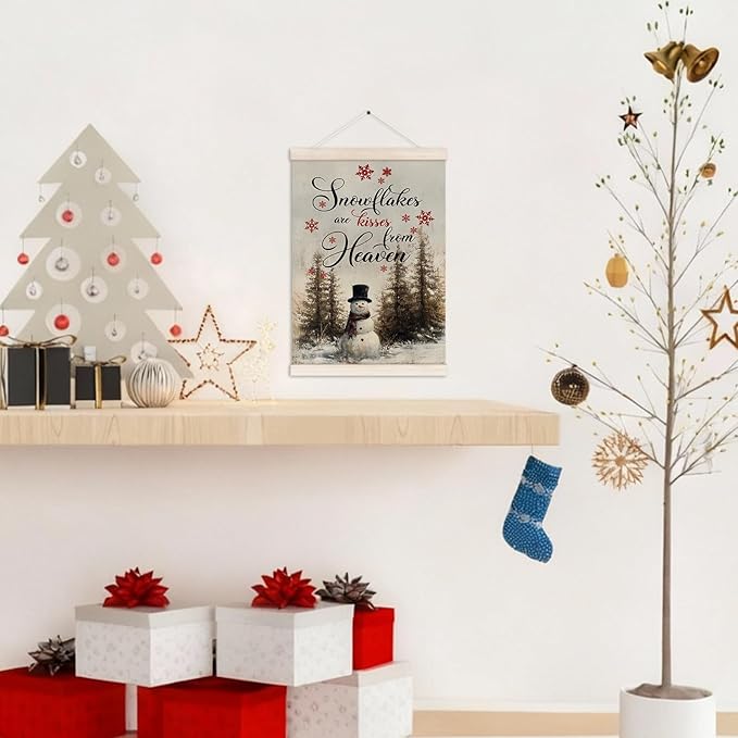 Winter Christmas Snowman Poster Hanger with Wood Frame, Vintage Christmas Wall Art Decor for Home, Rustic Retro Xmas Winter Pine Tree Santa Posters for Bedroom Living Room Decor, 12x16 Inch