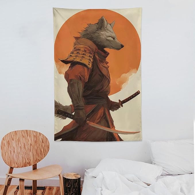 JYOUQOC Wolf Samurai Tapestry Wall Decor Large Wall Art Backdrop Flag Hanging for Bedroom Living Room Dorm Office 40"×60"