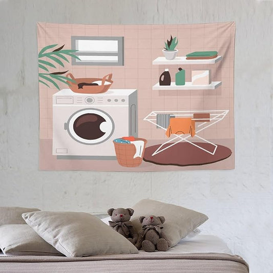 ZhiRain Laundry Tapestry Wall Hanging Laundry Room Wash Dry Fold Repeat Tapestries Home Decor for Living Room Bedroom Farmhouse Apartment Dorm 30"x40"