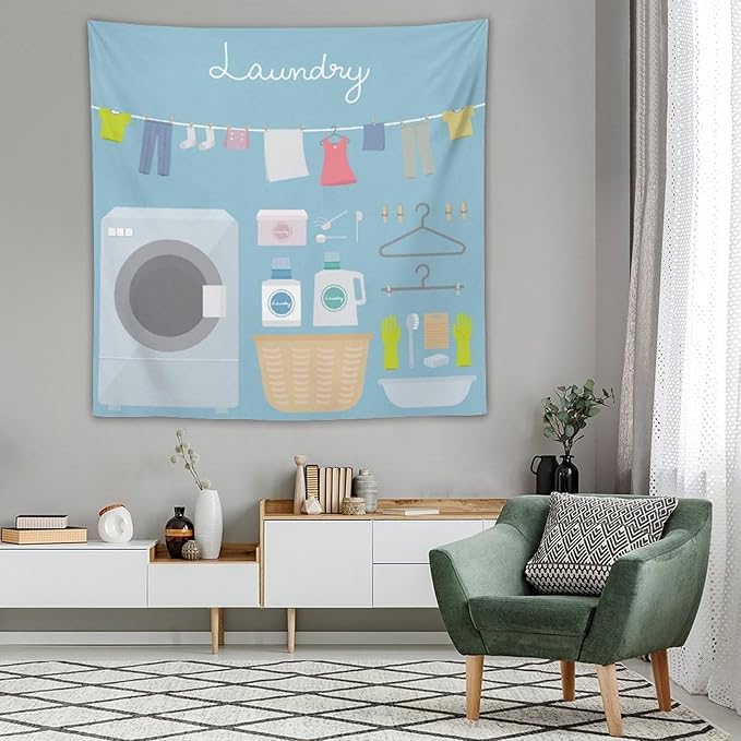 ZhiRain Laundry Room Tapestry Wall Hanging Blue Cartoon Wash Dry Fold Tapestries Home Decor for Living Room Bedroom Farmhouse Apartment Dorm 60"x60"