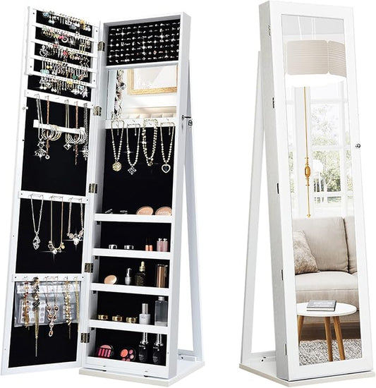 CHARMAID Standing Jewelry Armoire with Tall Full Length Mirror, 2-in-1 Lockable Jewelry Cabinet Organizer with Large Storage Capacity, Inside Makeup Mirror, Stable Base, Easy Assembly (White)
