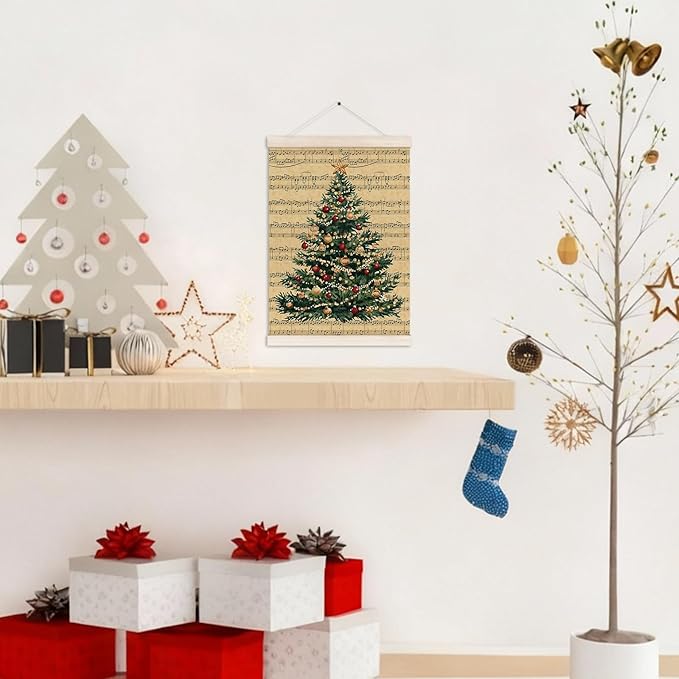 Vintage Christmas Tree Poster Hanger with Wood Frame, Retro Christmas Music Sheet Wall Art Decor for Home, Farmhouse Rustic Winter Xmas Tree Posters for Bedroom Living Room Decor, 12x16 Inch