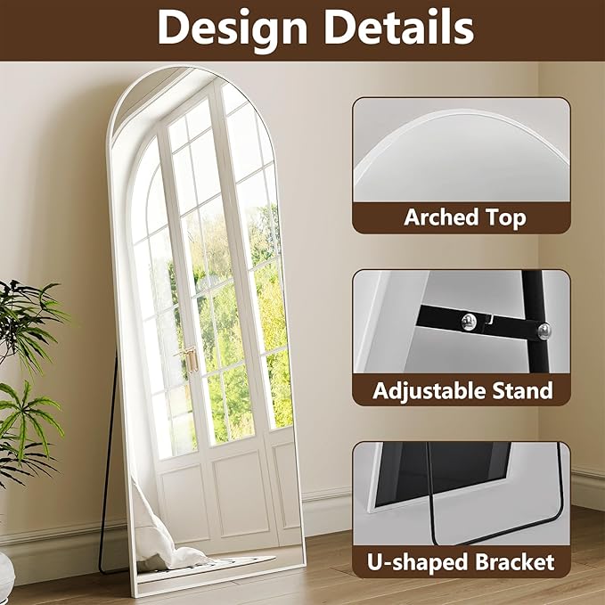 Full Length Mirror - 57" x 20" Arched Floor Mirror/Wall Mounted Aluminum Alloy Frame Full Body Mirrors for Bathroom Living Room Bedroom and Entryway, White