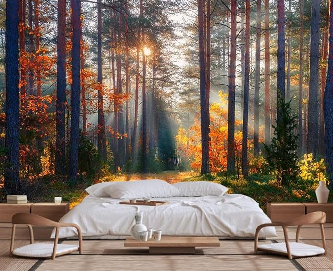 Autumn Sunshine in The Woods Wallpaper, Natural Landscape Mural, Modern Living Room Bedroom Backdrop Wall Mural(Non-self-Adhesive)