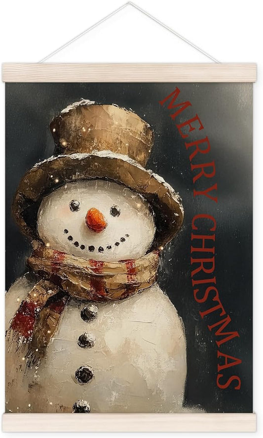 Merry Christmas Snowman Poster Hanger with Wood Frame, Vintage Winter Christmas Snowman Wall Art Decor for Home, Rustic Winter Xmas Holiday Posters for Bedroom Living Room Decor, 12x16 Inch
