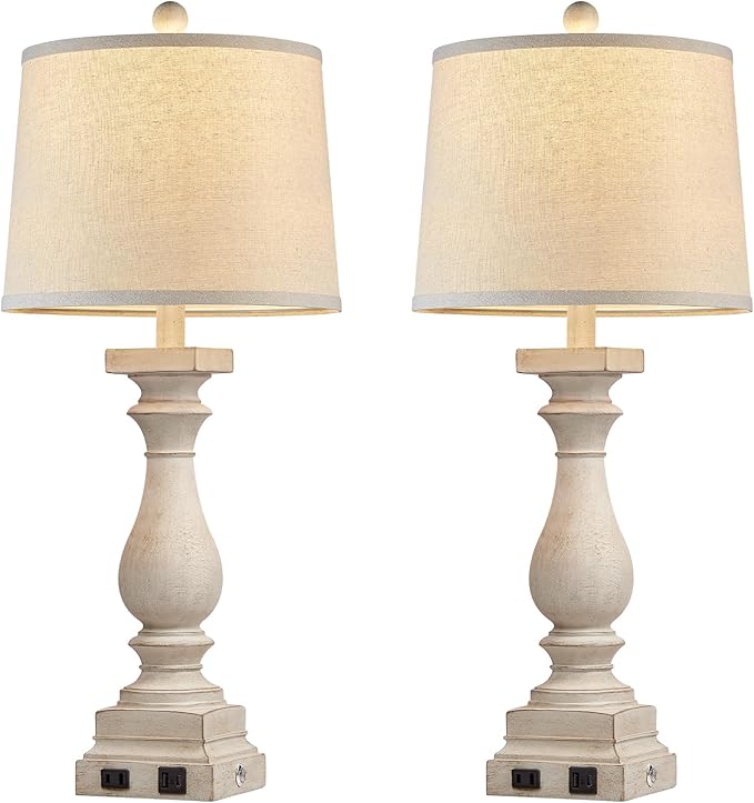 28" Tall Farmhouse Table Lamps with USB C+A Ports and AC Outlet, 3 Way Touch Control Rustic Bedside Lamps for Bedroom, Beige Vintage Nightstand Lamps for Living Room Office