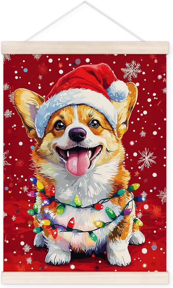 Funny Christmas Corgi Poster Hanger with Wood Frame, Christmas Dog Wall Art Decor for Home, Corgi Gifts for Women Men, Winter Xmas Dog Posters for Bedroom Living Room Decor, 12x16 Inch