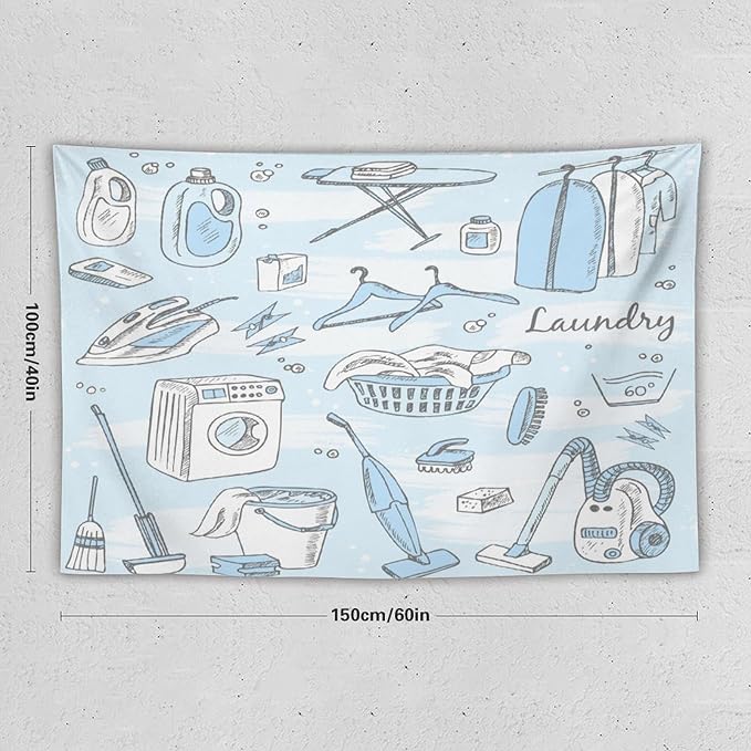 ZhiRain Laundry Room Tapestry Wall Hanging Blue Laundry Theme Tapestries Home Decor for Living Room Bedroom Farmhouse Apartment Dorm 40"x60"