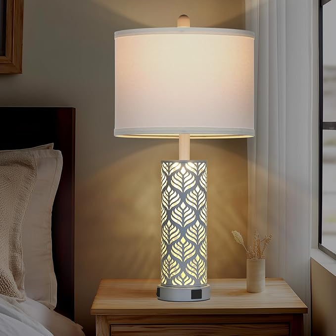 Set of 2 Rustic Table Lamps for Living Room Bedroom, Vintage Farmhouse Nightstand Lamp with 2 USB Ports, Hollow Out Metel Lamp for End Table with Nightlight (White)