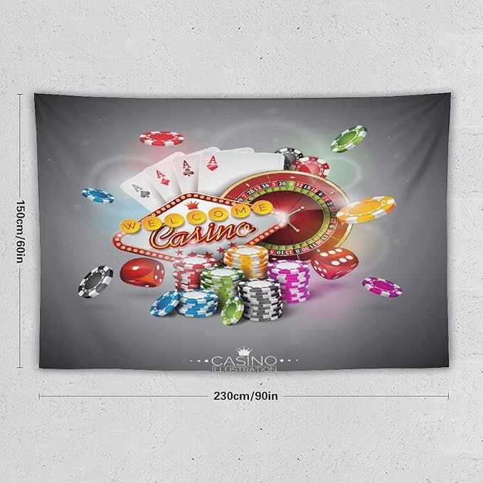 Poker Tournament Tapestry Wall Hanging Casino Colorful Chips And Cards Dice And Roulette Tapestries Home Decor for Living Room Bedroom Farmhouse Apartment Dorm 60"x90"