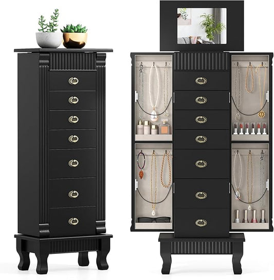 Giantex Standing Jewelry Cabinet with 7 Drawers, Flip-Top Mirror, 2 Side Doors with 12 Necklace Hooks, Divided Ring Compartments, Velvet-Lined Jewelry Armoire Organizer Chest (Black)