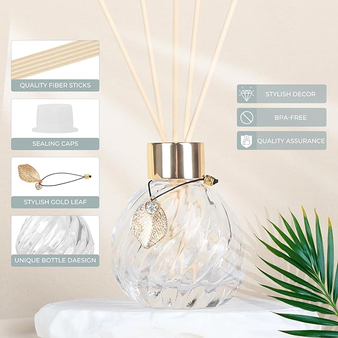 4Pcs Reed Diffuser Set with Metal Golden Decoration, 3.5oz Empty Reed Diffuser Bottles with 20Pcs Reed Diffuser Sticks, Unique Design Bottles for Home and Office(Twill)