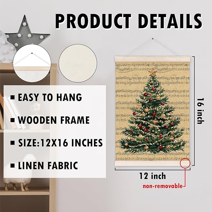 Vintage Christmas Tree Poster Hanger with Wood Frame, Retro Christmas Music Sheet Wall Art Decor for Home, Farmhouse Rustic Winter Xmas Tree Posters for Bedroom Living Room Decor, 12x16 Inch