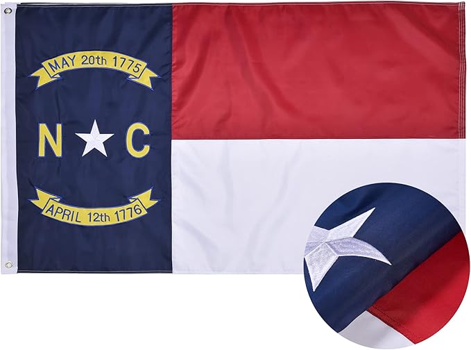 North Carolina State Flag 5x8 Ft Deluxe Full Embroidered Heavy Duty Polyester Durable NC Outside Flag with Sewn Stripes and Brass Grommets for Indoor/Outdoor