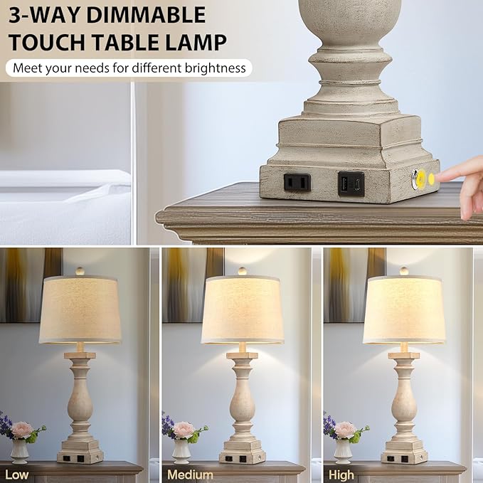 28" Tall Farmhouse Table Lamps Set of 2 with USB C+A Ports and AC Outlet, 3 Way Touch Control Rustic Bedside Lamp for Bedroom, Beige Vintage Nightstand Lamp for Living Room Office