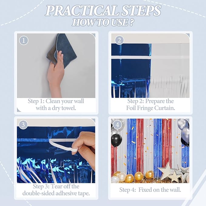 3 Pack Foil Fringe Backdrop - Red&White&Blue Shiny Tinsel Curtains for Party Decoration/Photo Booth Props - 3.3x8.2 FT Metallic Foil Backdrop for Birthday, Wedding, Graduation, Christmas.