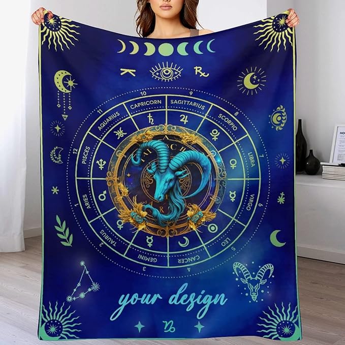 Custom Capricorn Blanket Gifts, 40" x 30" Rectangular Flannel Zodiac Throw Blanket Cozy, Personalized Gift for Boys Girls Teen Women Men Tarot Cards Lovers Birthday Anniversary Festival