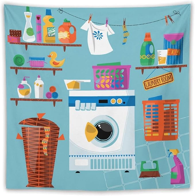 ZhiRain Laundry Room Tapestry Wall Hanging Wash Dry Fold Repeat Theme Print Tapestries Home Decor for Living Room Bedroom Farmhouse Apartment Dorm 60"x60"