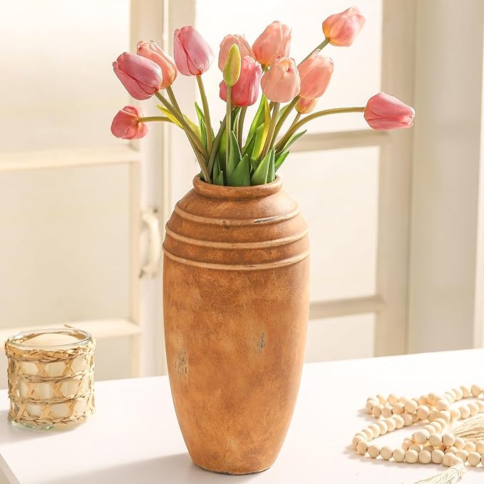 Large Ceramic Flower Vase, 12.87 inch Terracotta Vase, Rustic Farmhouse Vintage Vases for Home Decor, Living Room Shelf Decor, Enterway, Table Decoration