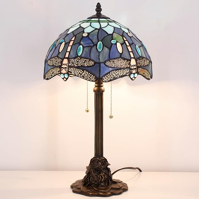 Tiffany Stained Glass Table Lamp 12X12X21Inch Resin Base Desk Bedroom Living Room Reading Light (Blue Dragonfly)