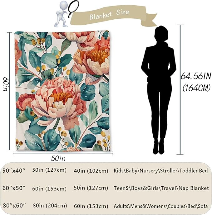 Vibrant Floral Blanket - Soft, Cozy, Lightweight Flannel Throw Blankets for Couch, Bed, and Travel - Fuzzy, Fluffy Decor Perfect for Outdoor Use and Home Decor, All Season 80×60 in