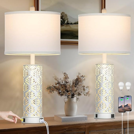 Set of 2 Rustic Table Lamps for Living Room Bedroom, Vintage Farmhouse Nightstand Lamp with 2 USB Ports, Hollow Out Metel Lamp for End Table with Nightlight (White)
