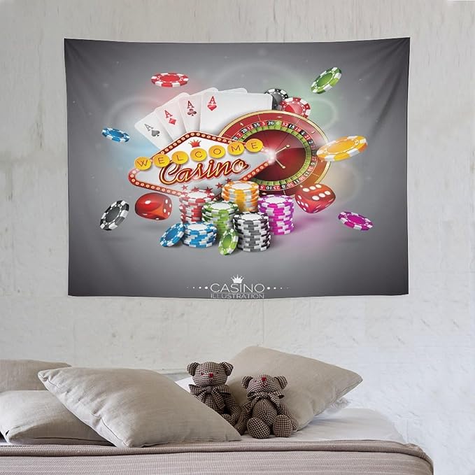 Poker Tournament Tapestry Wall Hanging Casino Colorful Chips And Cards Dice And Roulette Tapestries Home Decor for Living Room Bedroom Farmhouse Apartment Dorm 30"x40"
