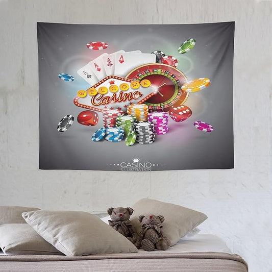 Poker Tournament Tapestry Wall Hanging Casino Colorful Chips And Cards Dice And Roulette Tapestries Home Decor for Living Room Bedroom Farmhouse Apartment Dorm 30"x40"