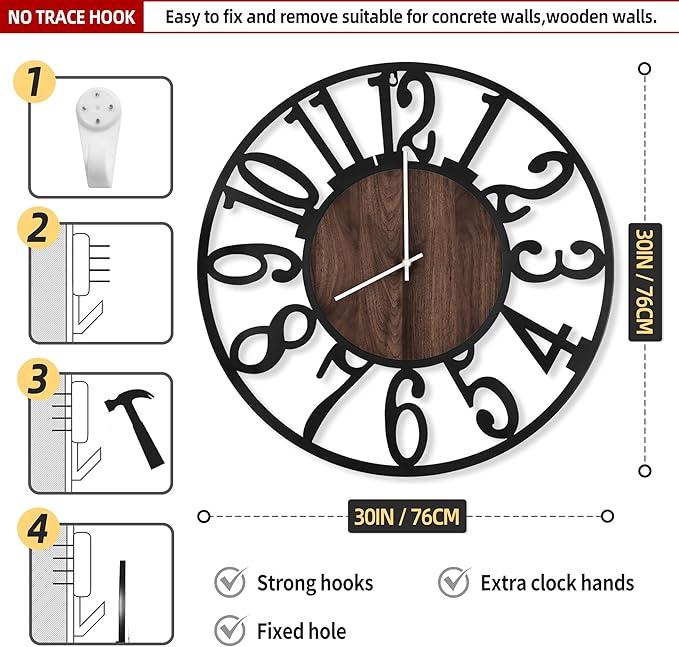 LEIKE Large Wall Clocks with Night Light Battery Operated,Silent Non Ticking,Rustic Modern Big Wood Clock for Living Room, Bedroom,Kitchen,Farmhouse,Office,Home Decor-30 Inch(Black-Arabic Number)