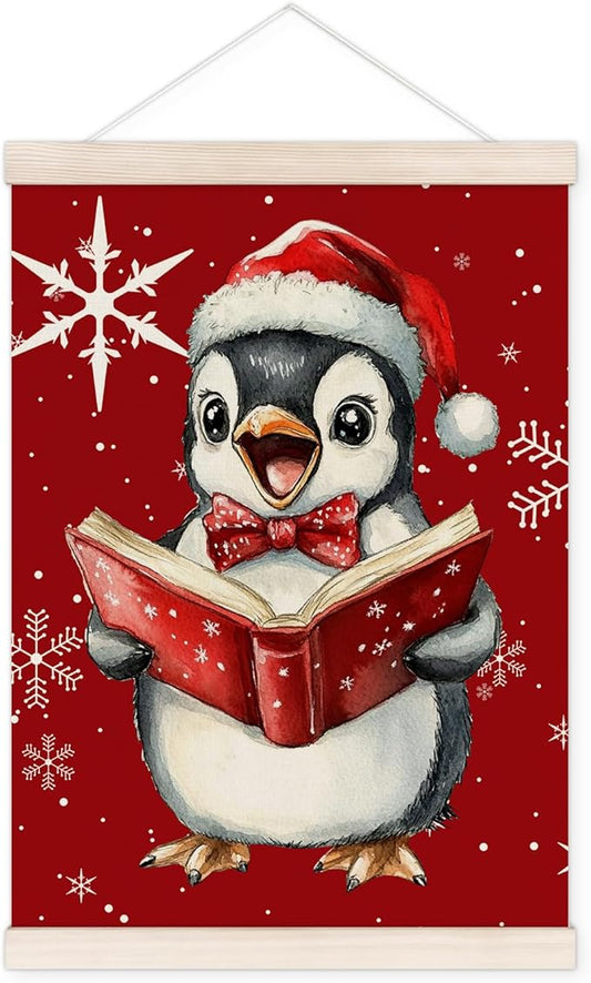 Christmas Penguin Reading Book Poster Hanger with Wood Frame, Winter Christmas Wall Art Decor for Home, Cute Xmas Penguin Bookish Posters for Reading Room Library Classroom Decor, 12x16 Inch