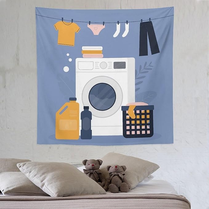 ZhiRain Laundry Room Tapestry Wall Hanging Simple Drawn Wash Dry Fold Repeat Tapestries Home Decor for Living Room Bedroom Farmhouse Apartment Dorm 60"x60"
